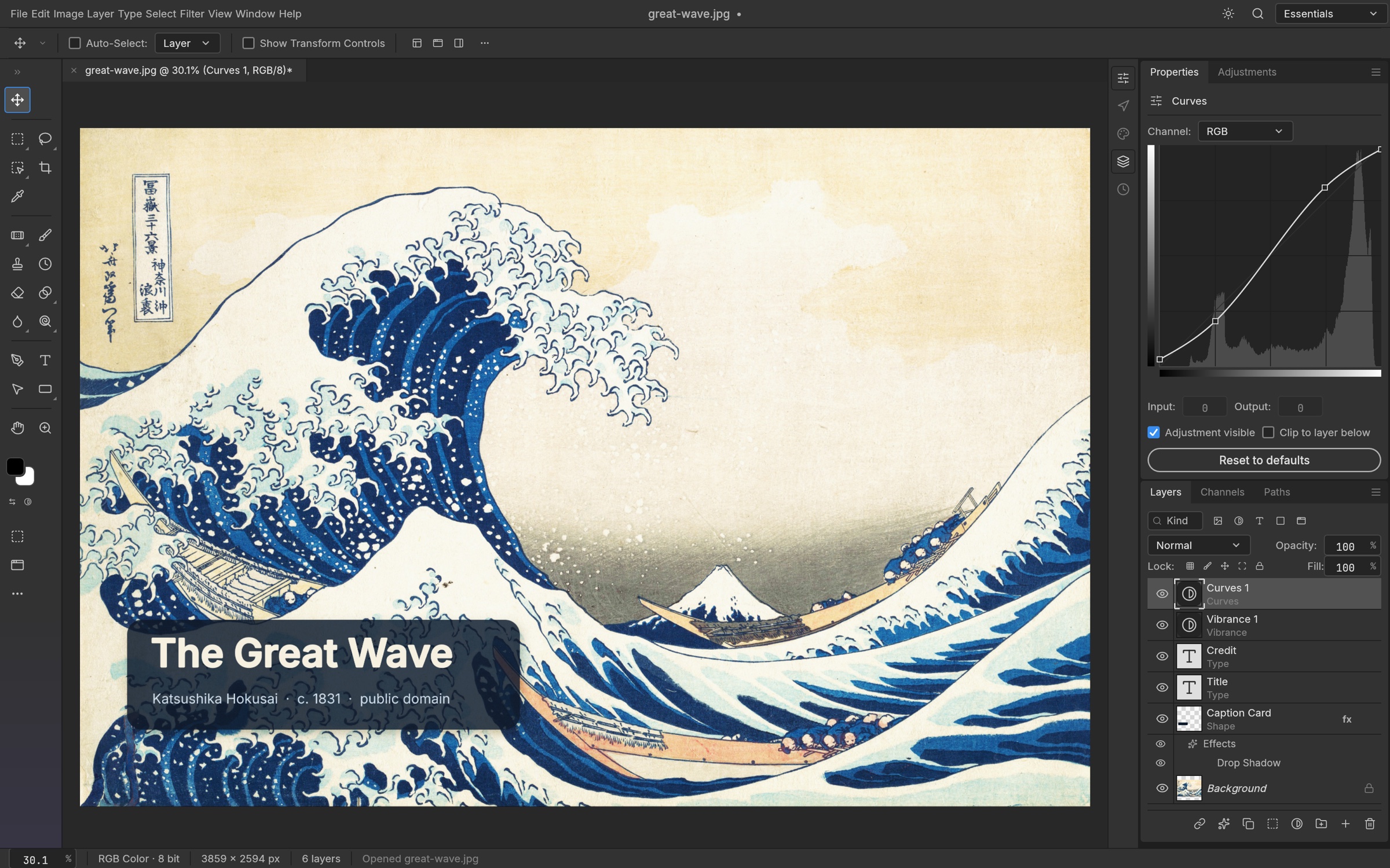 PhotoCraft editor showing a layered design of The Great Wave with an adjustment panel, toolbars and editable layers.