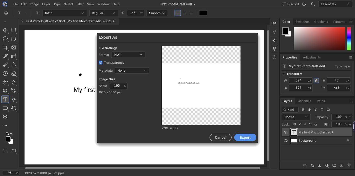 PhotoCraft v0.8.2 Export As dialog in Chrome, with PNG selected, a 1920 by 1080 practice document and separate text and background layers.
